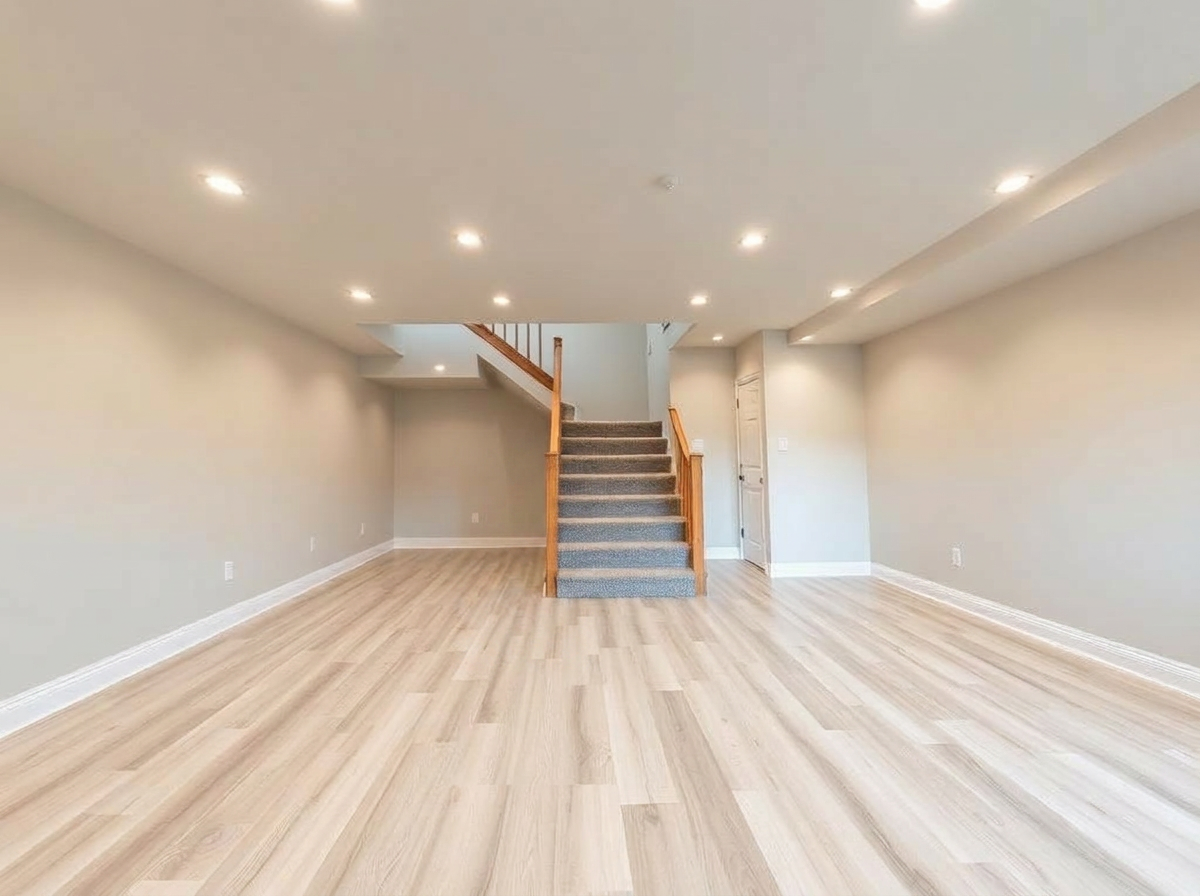 Spacious newly finished open basement with vinyl plank flooring and a carpeted staircase