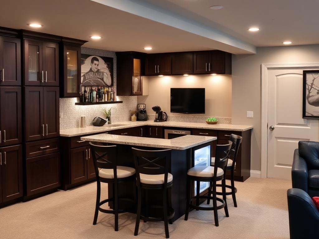 Basement wet bar with custom dark wood cabinetry, quartz counters and bar stool seating