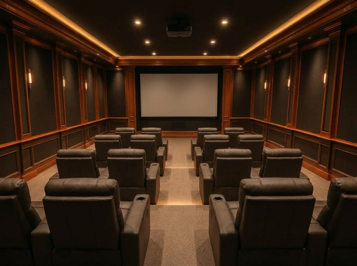 Basement home theater with tiered recliner seating, projection screen and cove lighting