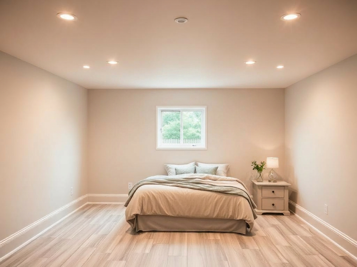Finished basement guest bedroom with an egress window and soft neutral palette
