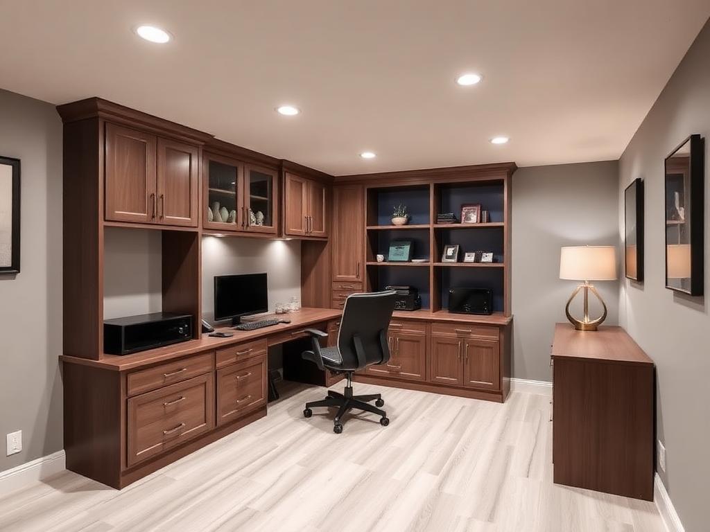 Basement home office with built-in wood desk, shelving and recessed lighting