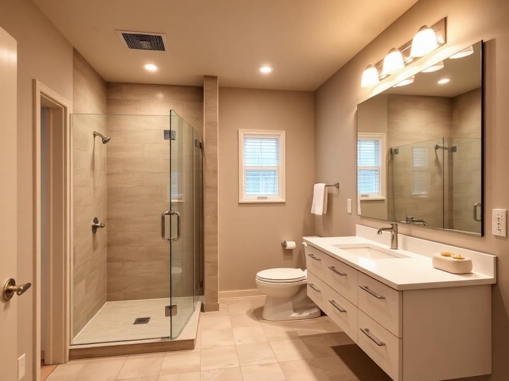 Finished basement bathroom with a glass walk-in shower and floating vanity