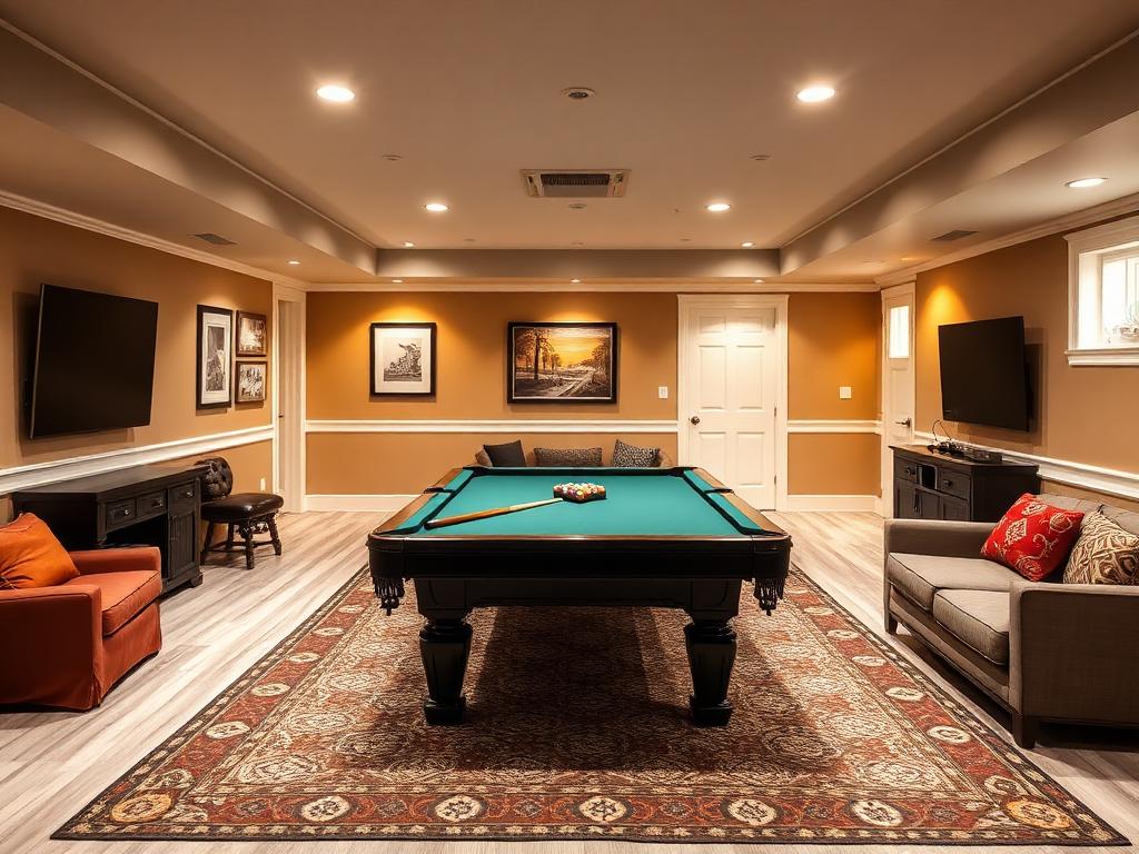 Basement recreation room with a pool table, lounge seating and area rug