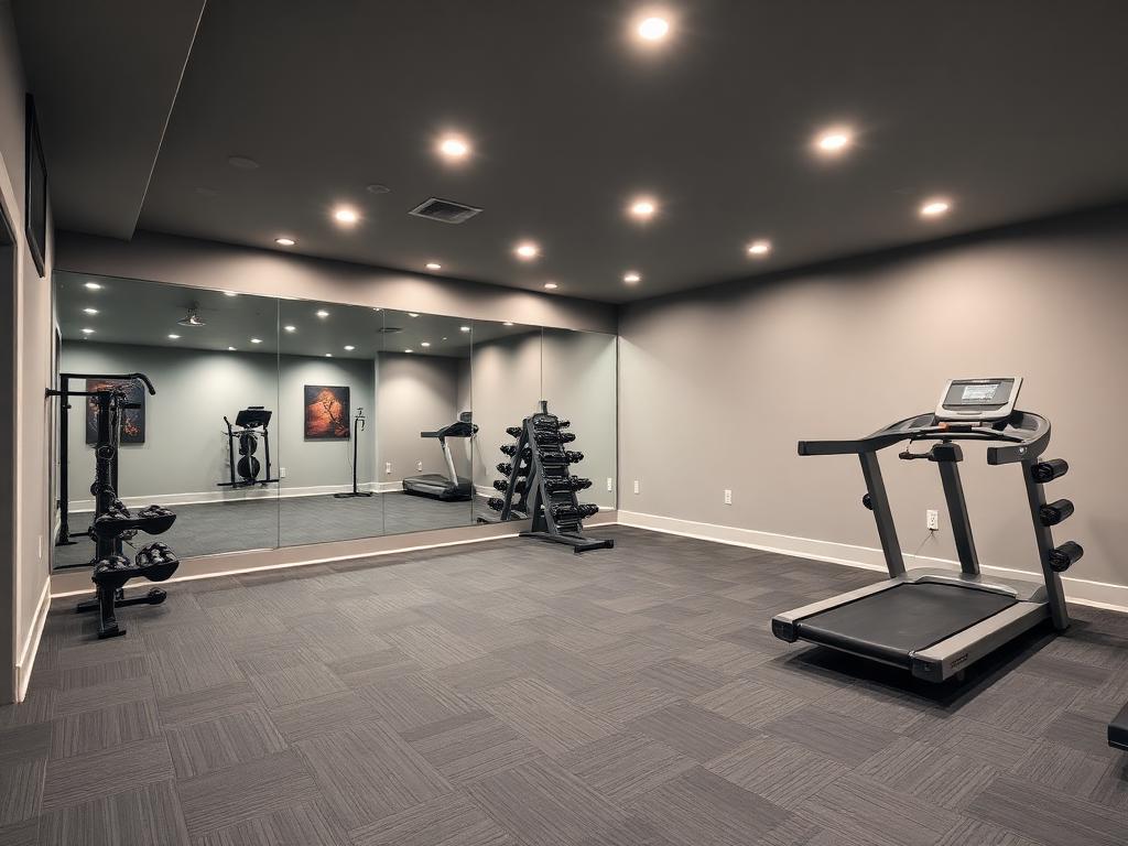 Basement home gym with rubber tile flooring, mirrored wall and exercise equipment