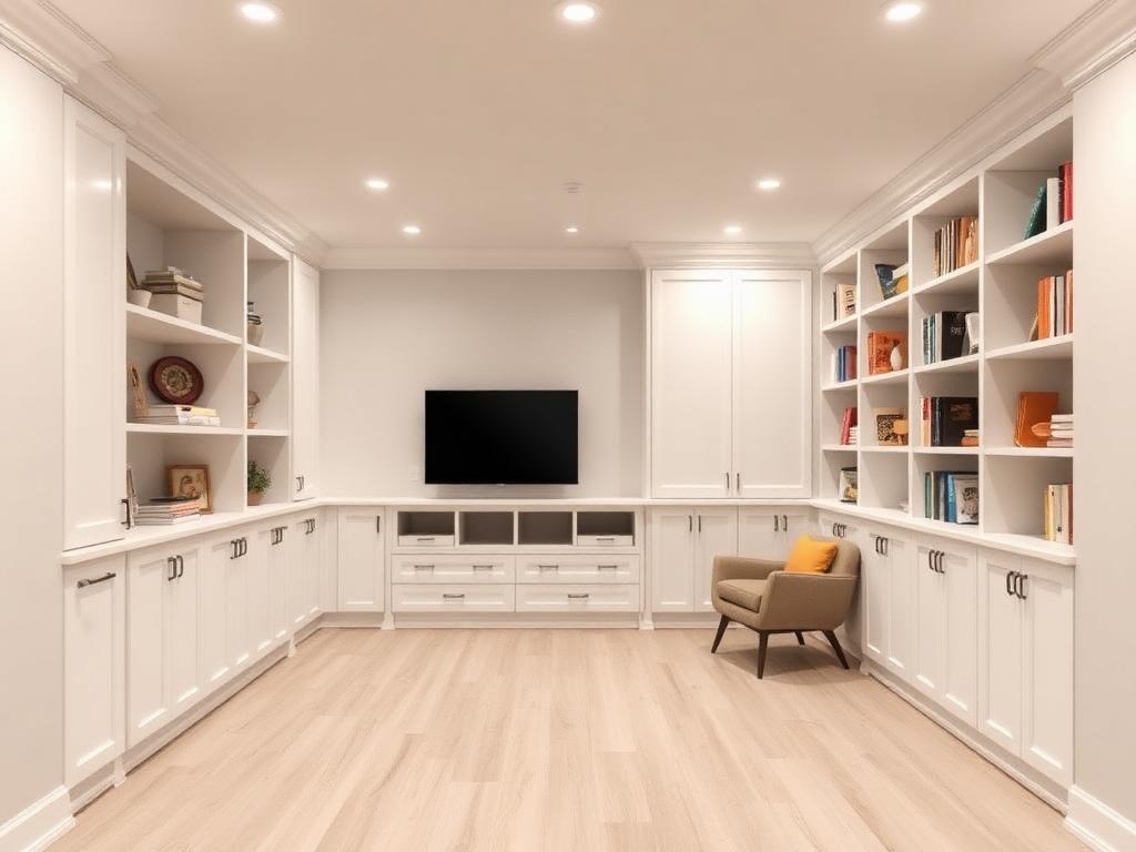 Finished basement with floor-to-ceiling white built-in shelving and a cozy reading nook