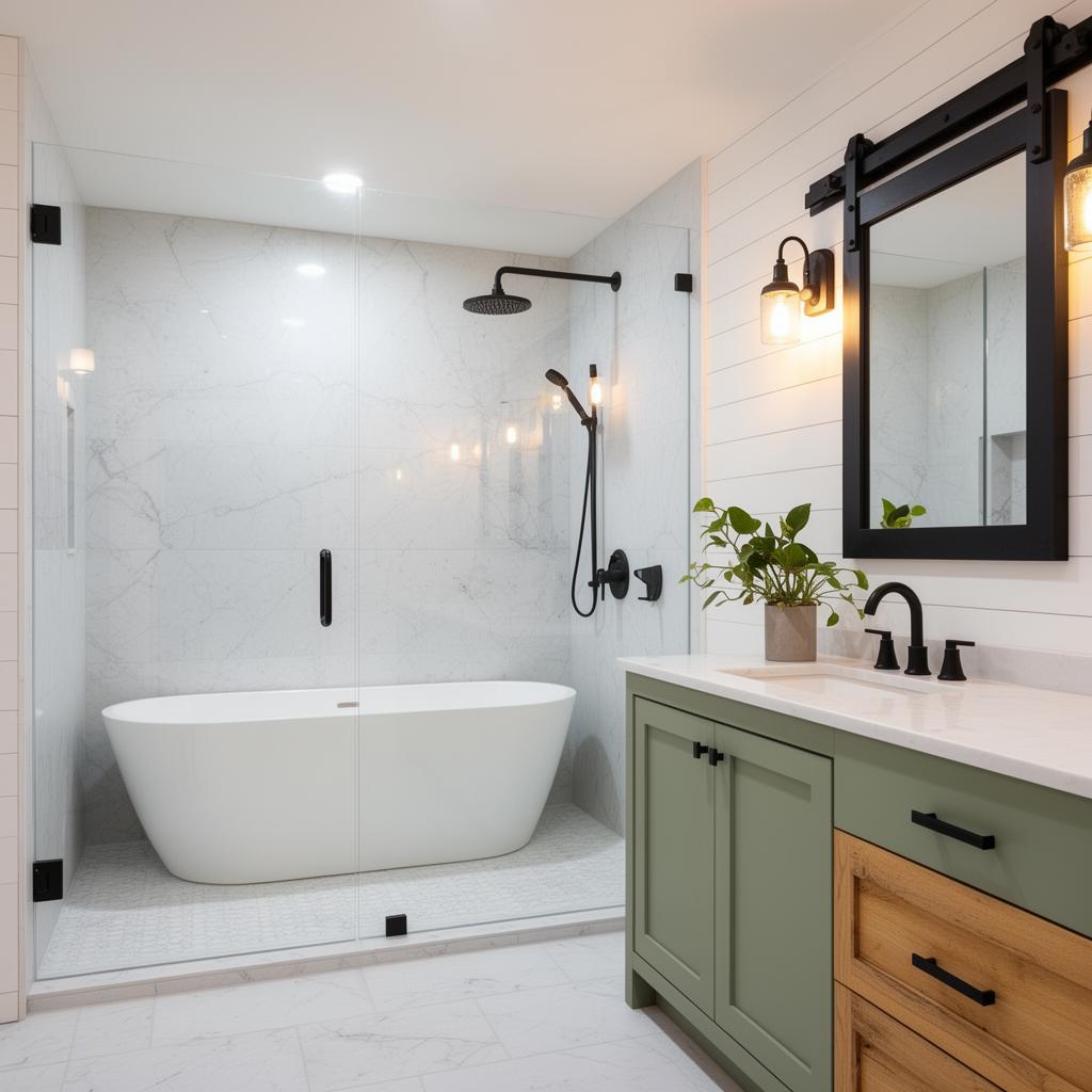 Modern farmhouse wet room with white freestanding tub inside a glass walk-in shower, shiplap walls and two-tone sage and wood vanities