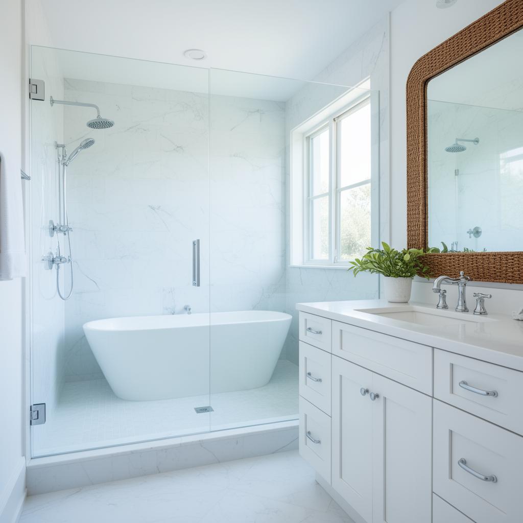 Bright coastal wet room with white freestanding tub inside a glass walk-in shower, Carrara marble walls and white shaker vanities