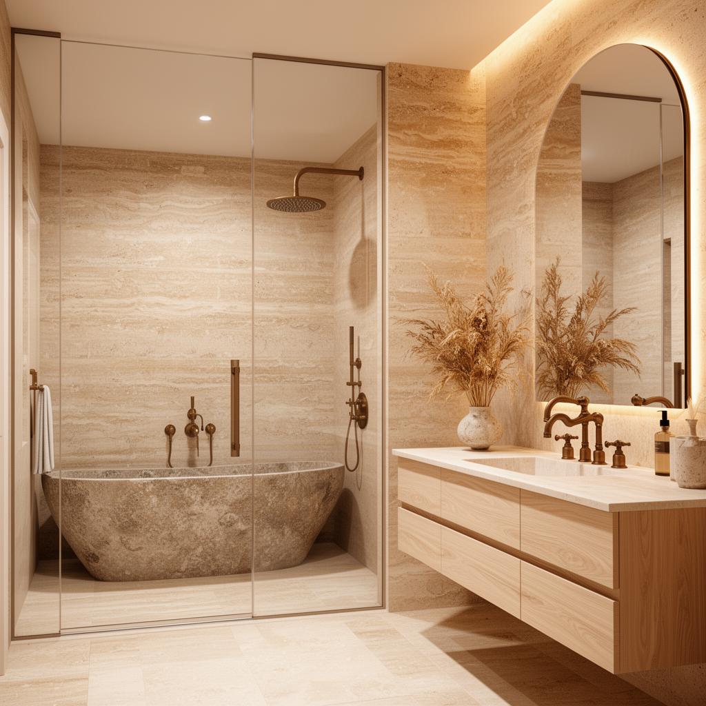 Warm organic wet room with a stone freestanding tub inside a glass walk-in shower, travertine walls and floating white oak vanity