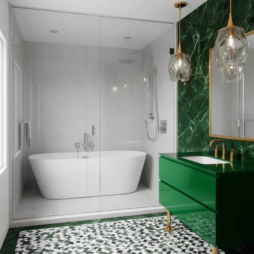 Bold emerald green wet room with white freestanding tub inside a glass walk-in shower, green lacquer vanities and gold fixtures