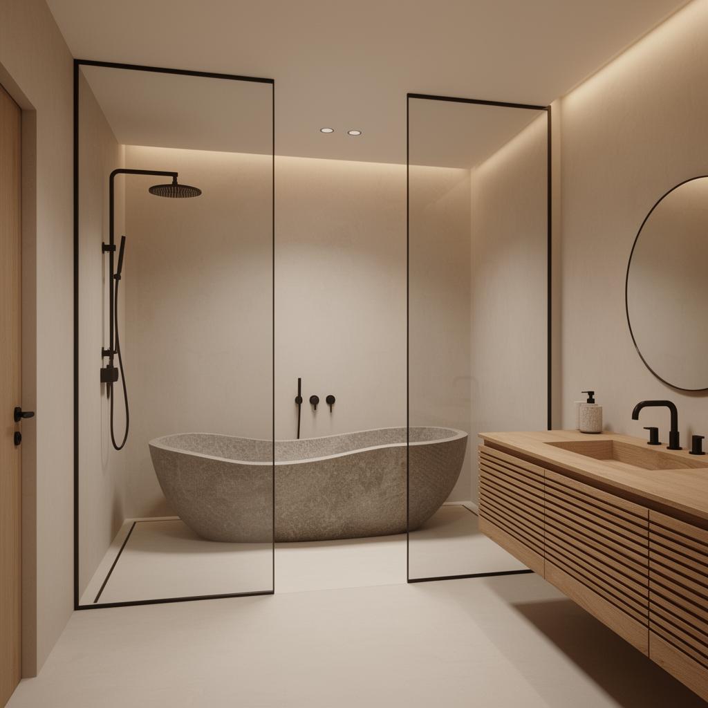 Minimalist Japandi wet room with a sculptural stone tub inside a glass walk-in shower and low slatted oak vanity