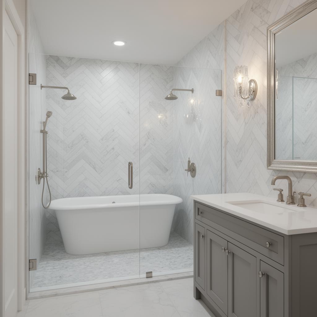 Classic transitional wet room with white freestanding tub inside a glass walk-in shower, marble herringbone walls and grey vanities