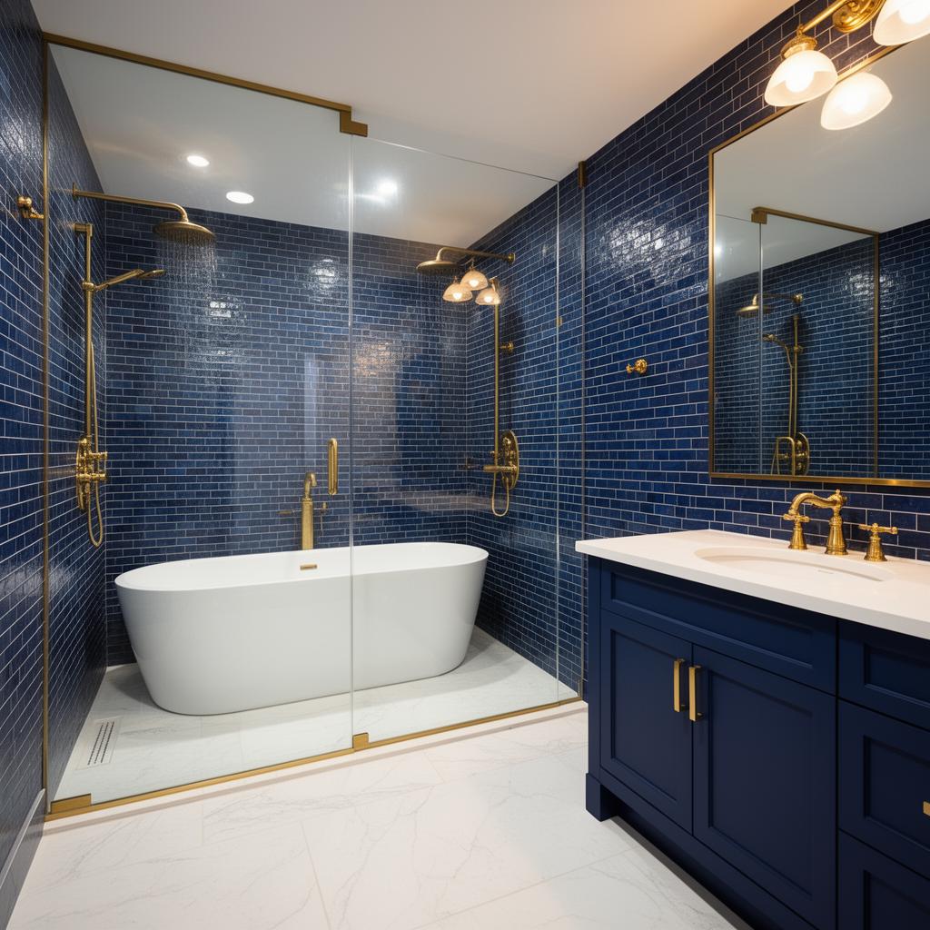 Navy and gold wet room with white freestanding tub inside a glass walk-in shower, zellige tile walls and brass fixtures