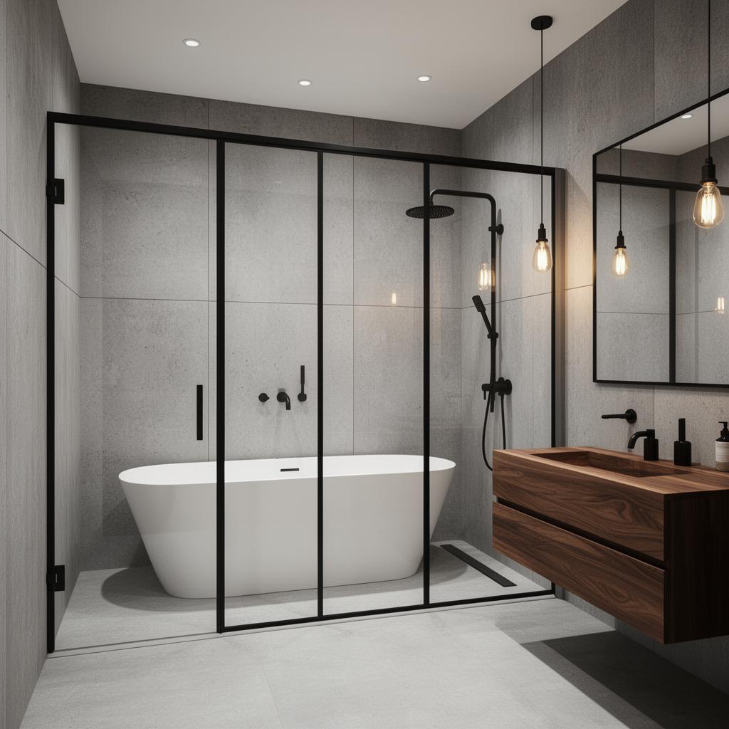 Industrial-chic wet room with white freestanding tub inside a black-framed glass walk-in shower, concrete walls and walnut vanity