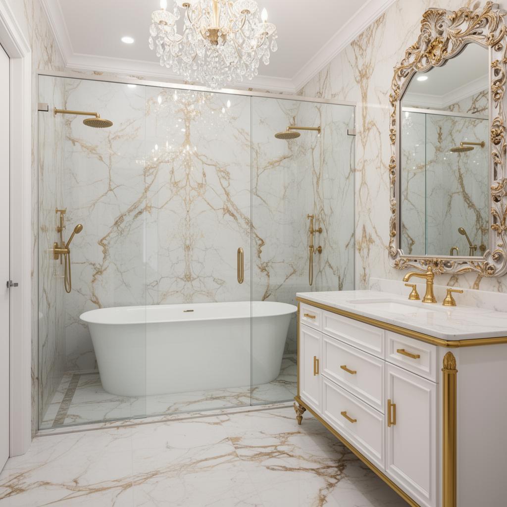 Glam wet room with white freestanding tub inside a glass walk-in shower, gold-veined marble walls and a crystal chandelier