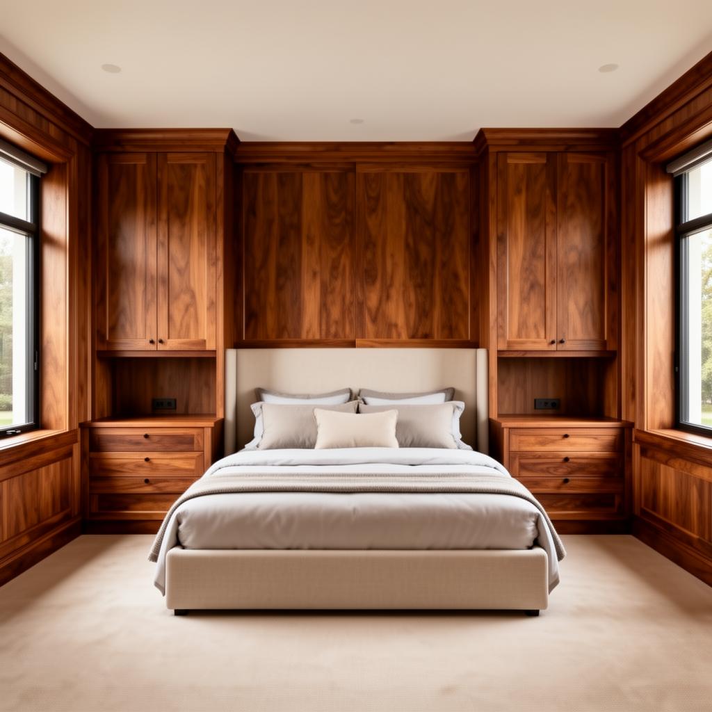 Perfectly symmetrical bedroom with rich walnut wall paneling and matching built-in nightstands