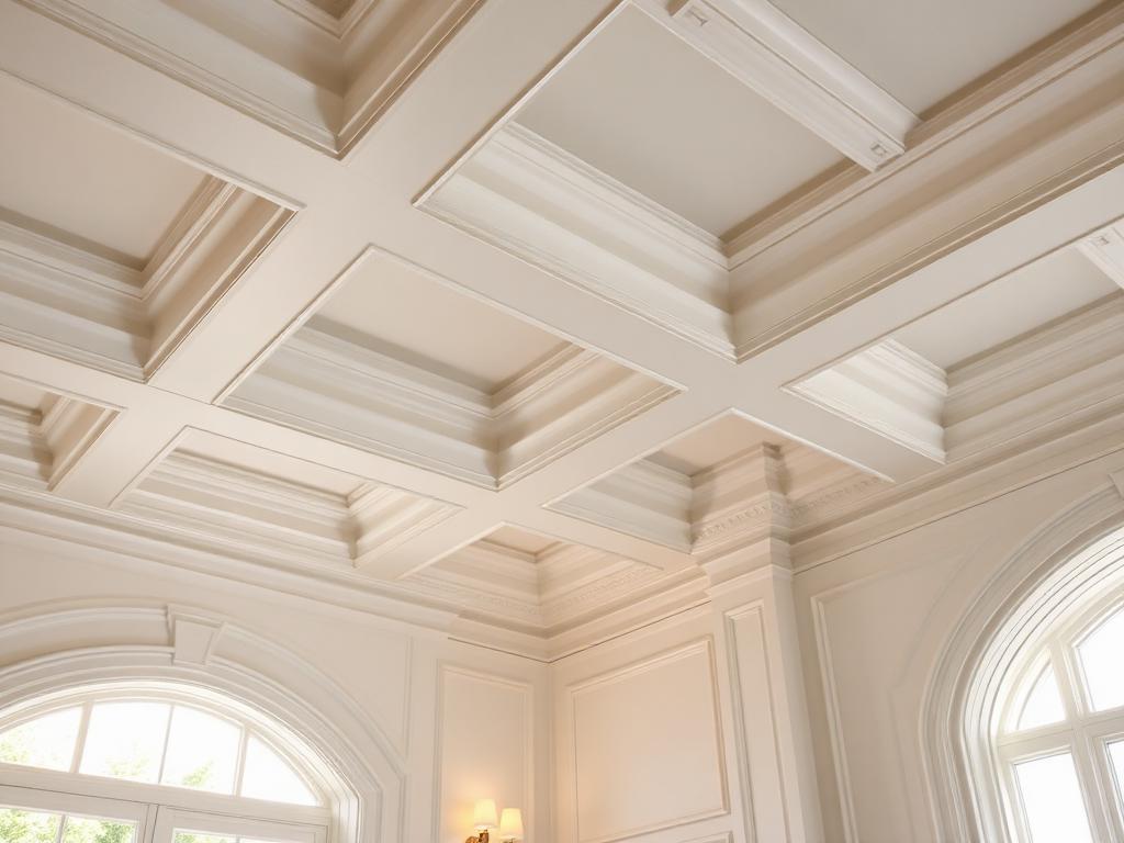 Detailed white crown molding and coffered ceiling millwork in a refined room