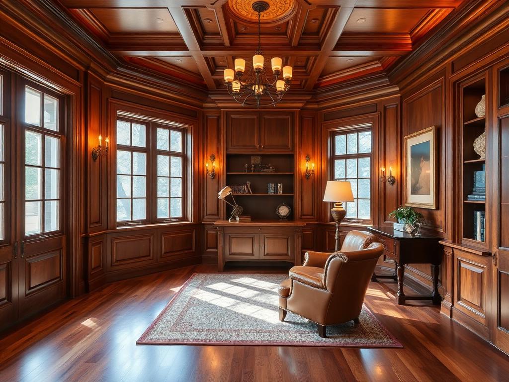 Rich walnut wood-paneled study with floor-to-ceiling wall paneling and built-ins