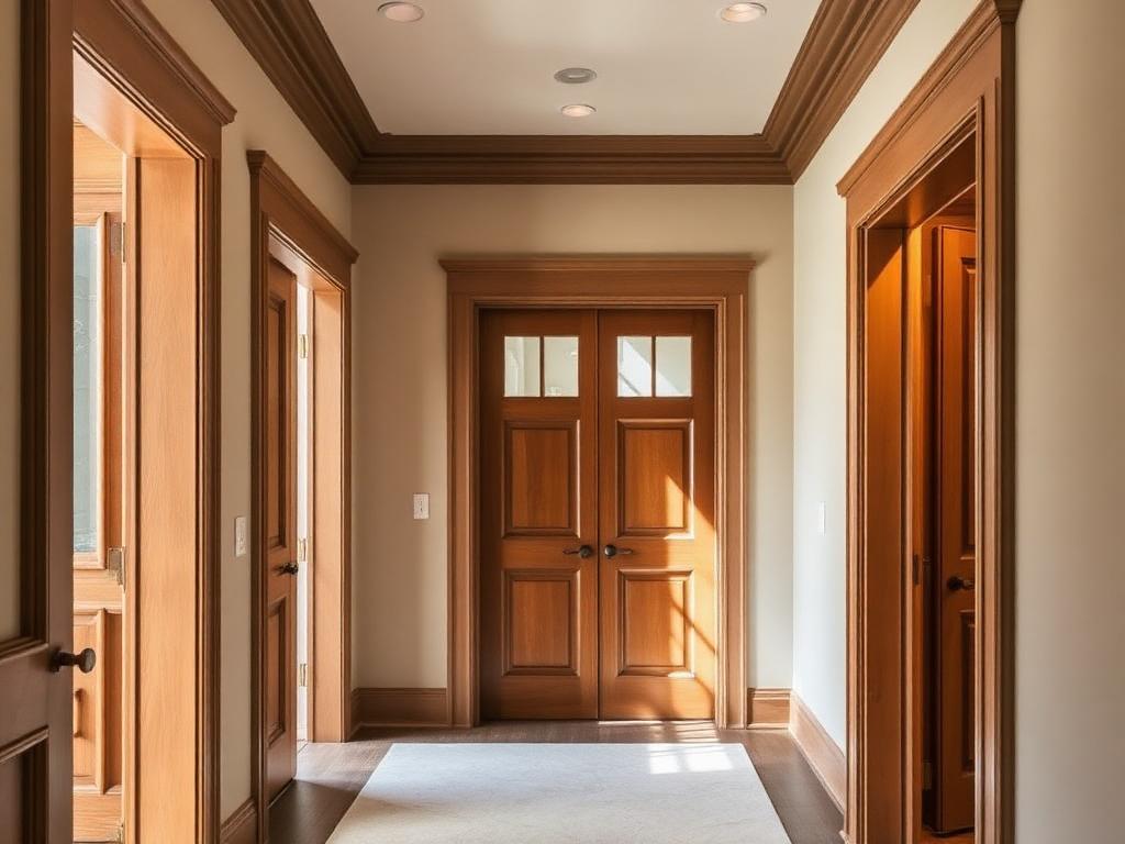 Custom solid wood interior doors with detailed casing and trim in a bright hallway