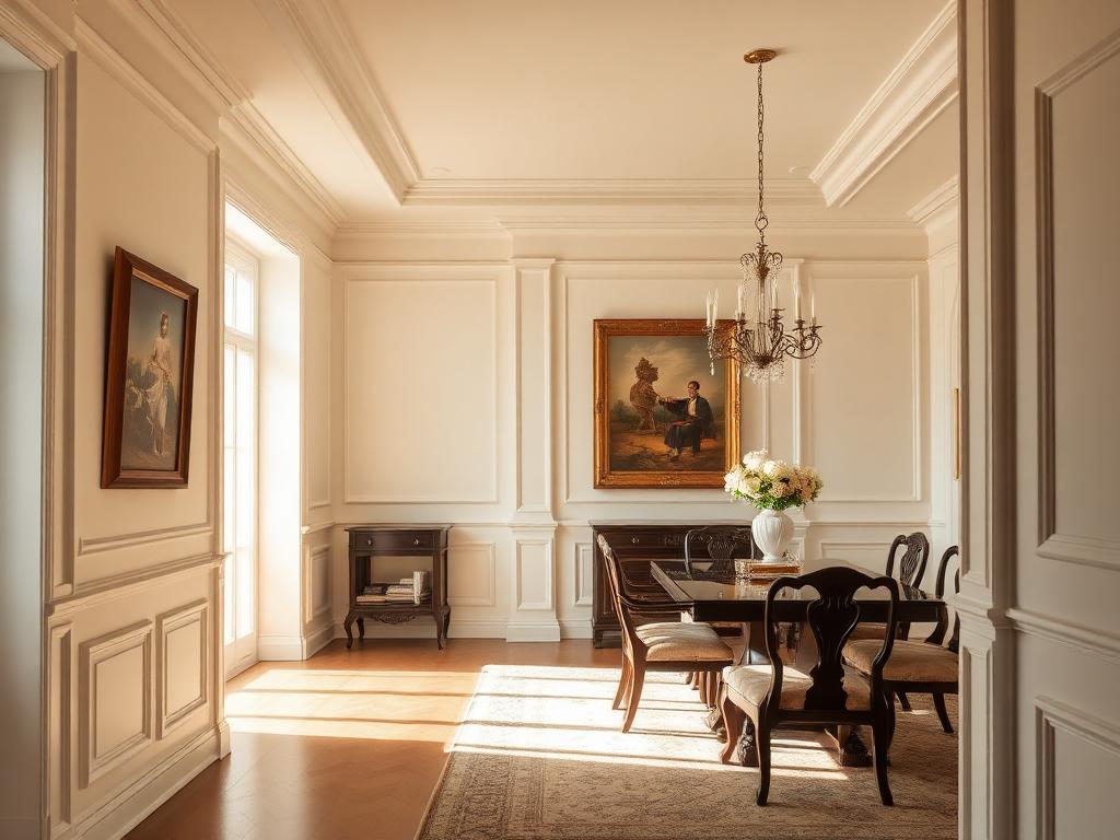 Elegant dining room with classic white wainscoting paneling and crown molding