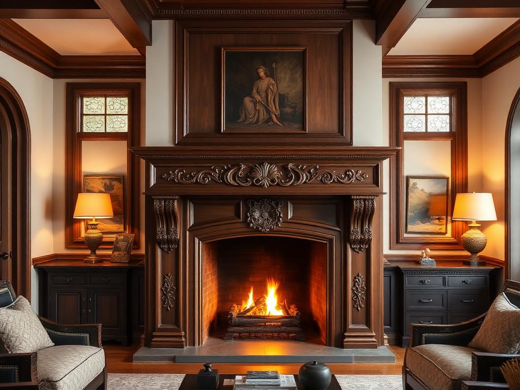 Hand-carved dark wood fireplace mantel with detailed millwork surround