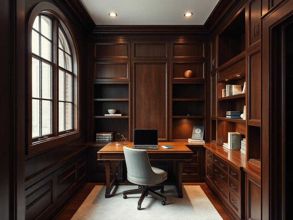 Sophisticated home office with custom walnut built-in desk and shelving