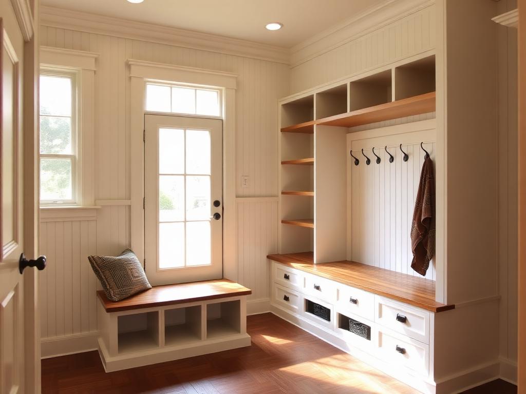 Mudroom with custom wood bench, built-in cubbies and beadboard paneling