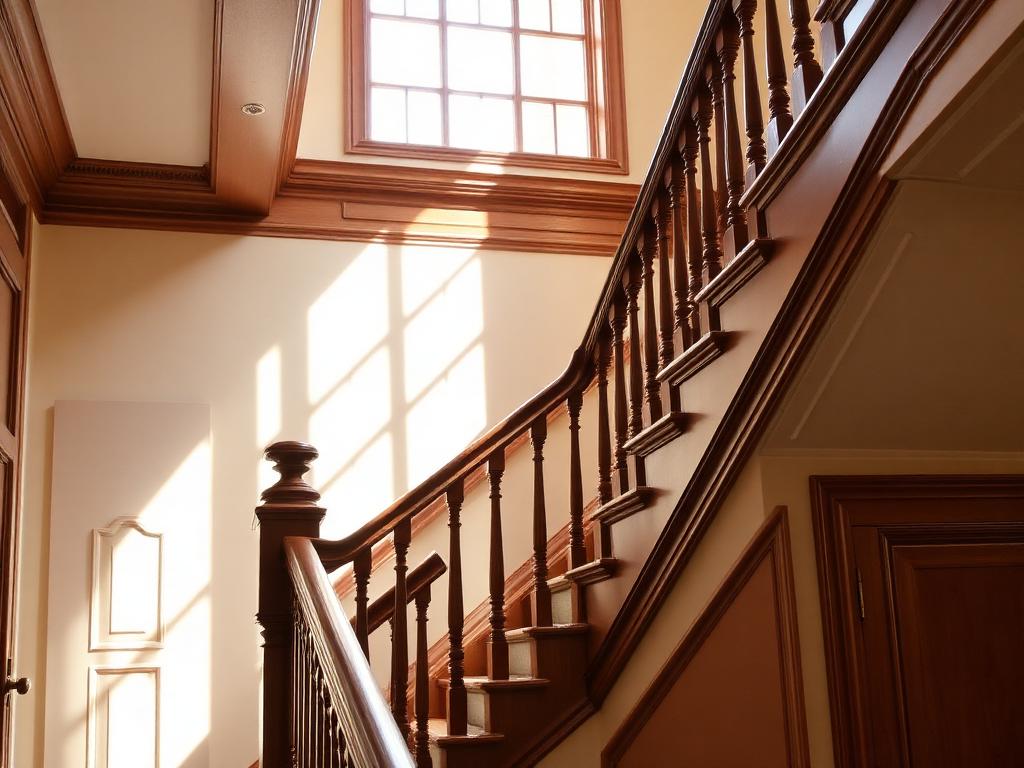 Staircase with custom wood handrail, turned balusters and detailed trim work
