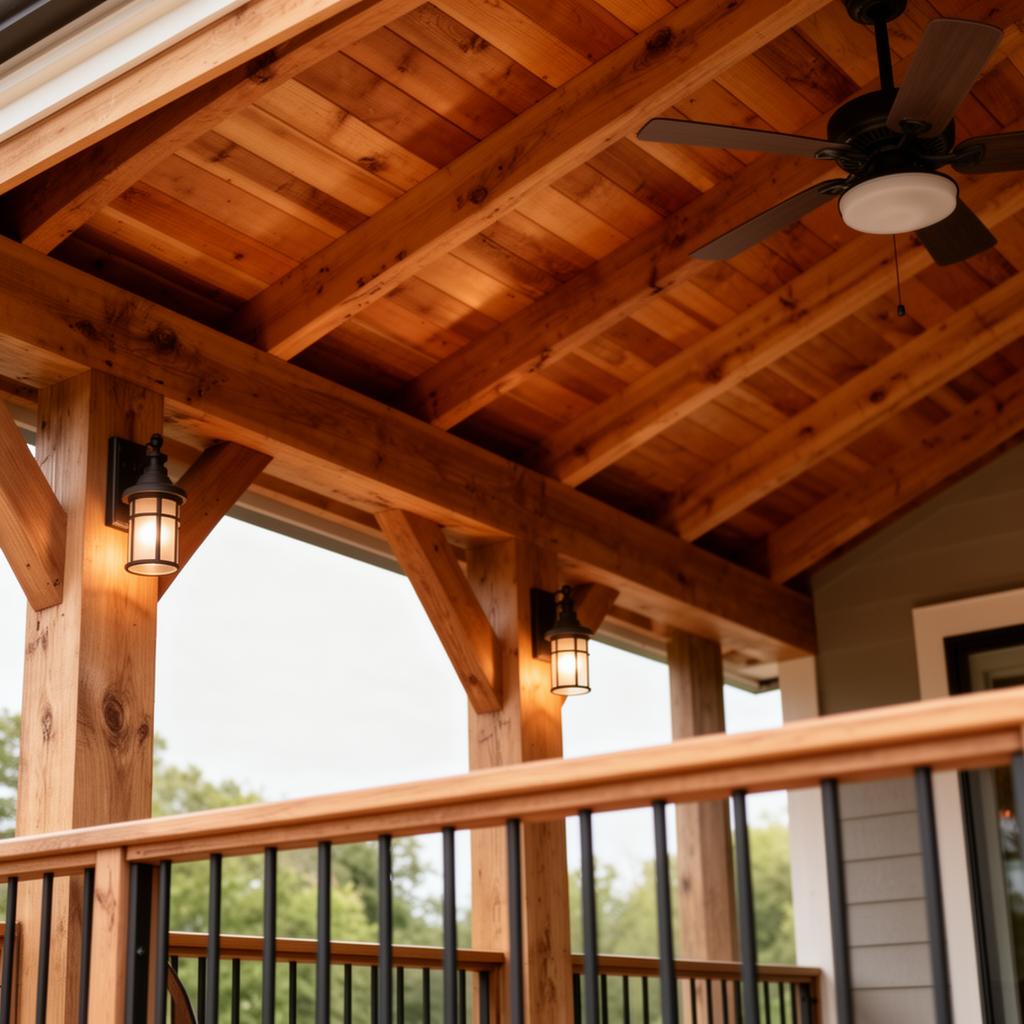 Close view of timber beams, wood ceiling, sconces and ceiling fan inside a covered deck