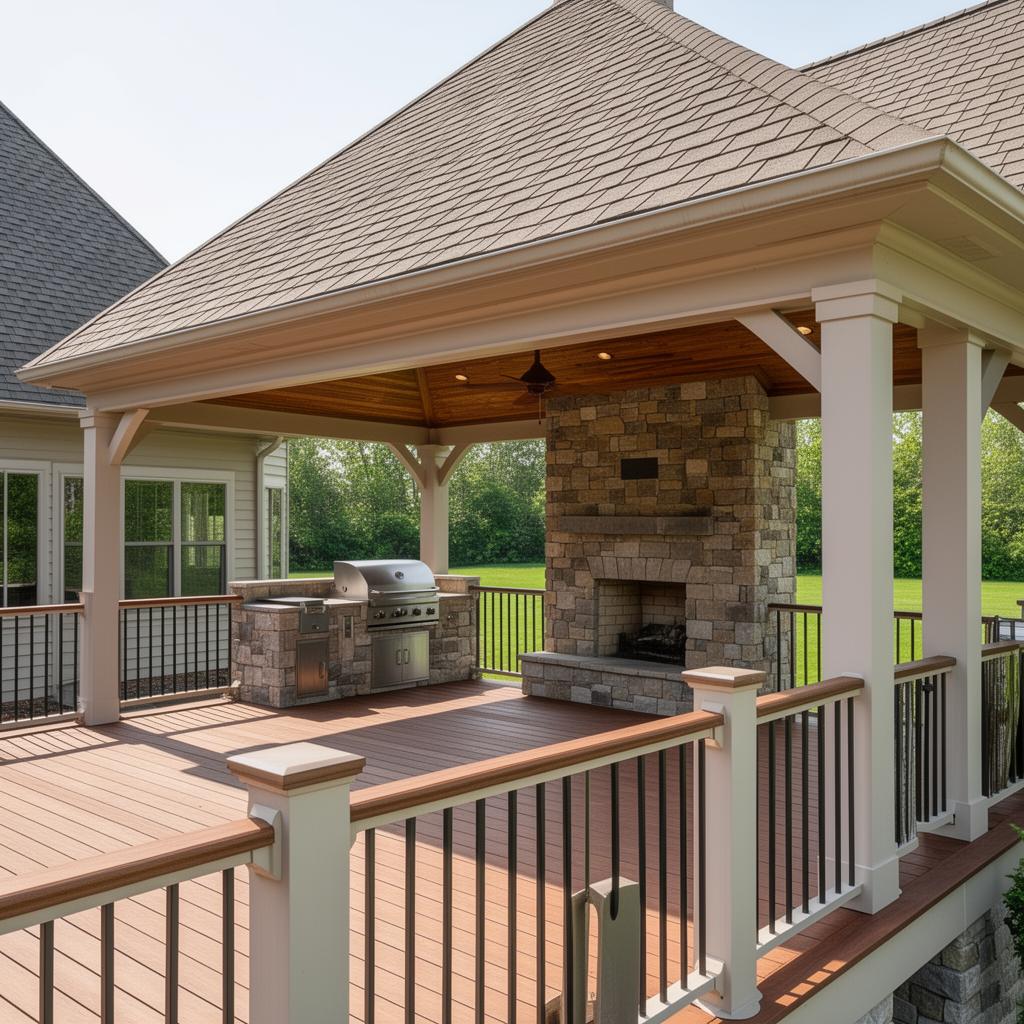 Daytime covered deck with matching roofline, outdoor kitchen and stone fireplace