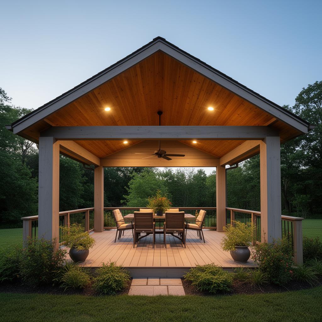 Roof-tied covered deck with dining area, ceiling fan and warm wood ceiling