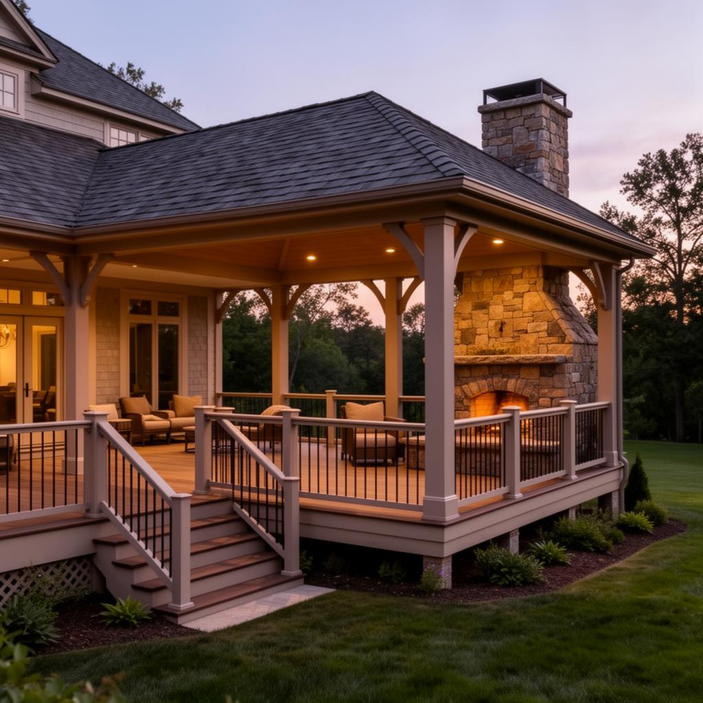Luxury covered deck addition with stairs, railings and a stone fireplace at dusk