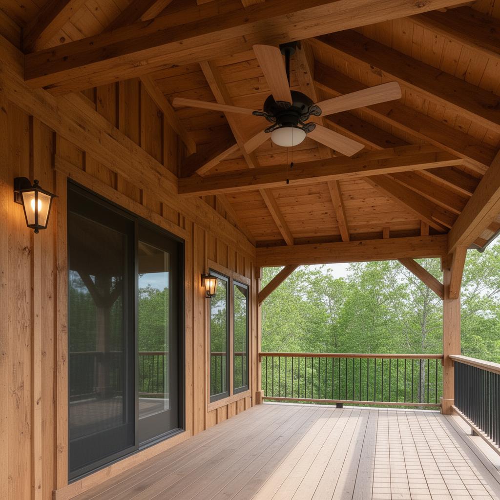 Detailed timber view of a covered deck with beams, sconces and matching roof structure