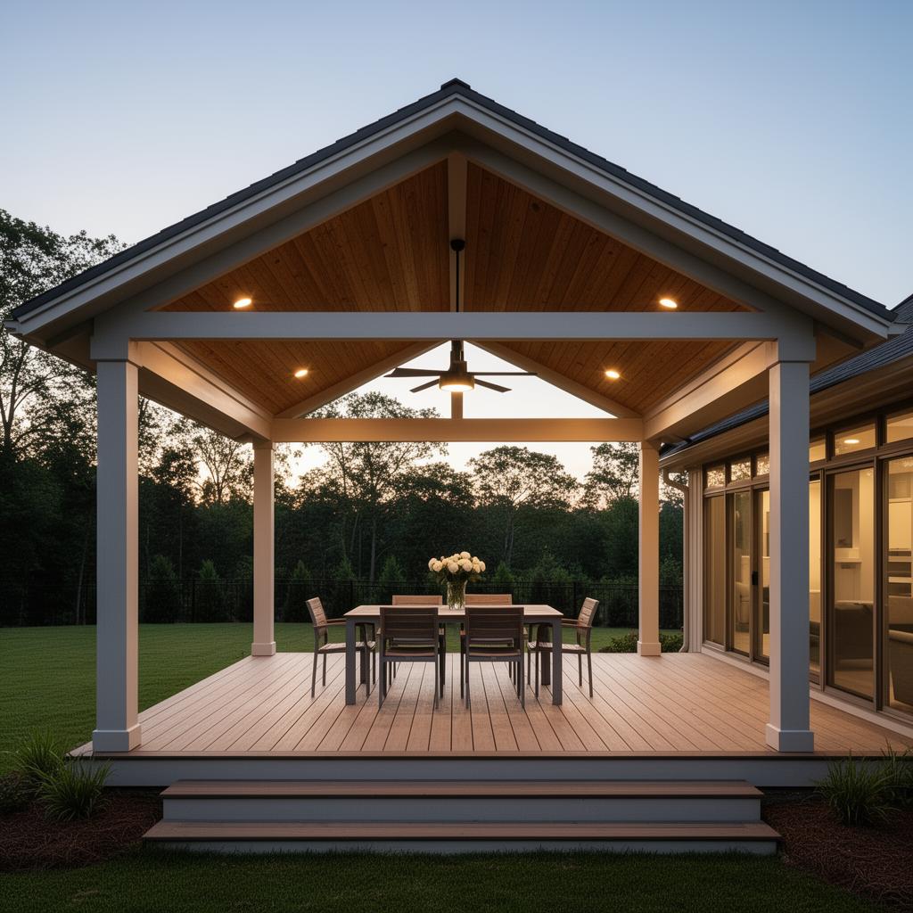 Symmetrical covered deck with matching gable roof, centered dining table and ceiling fan