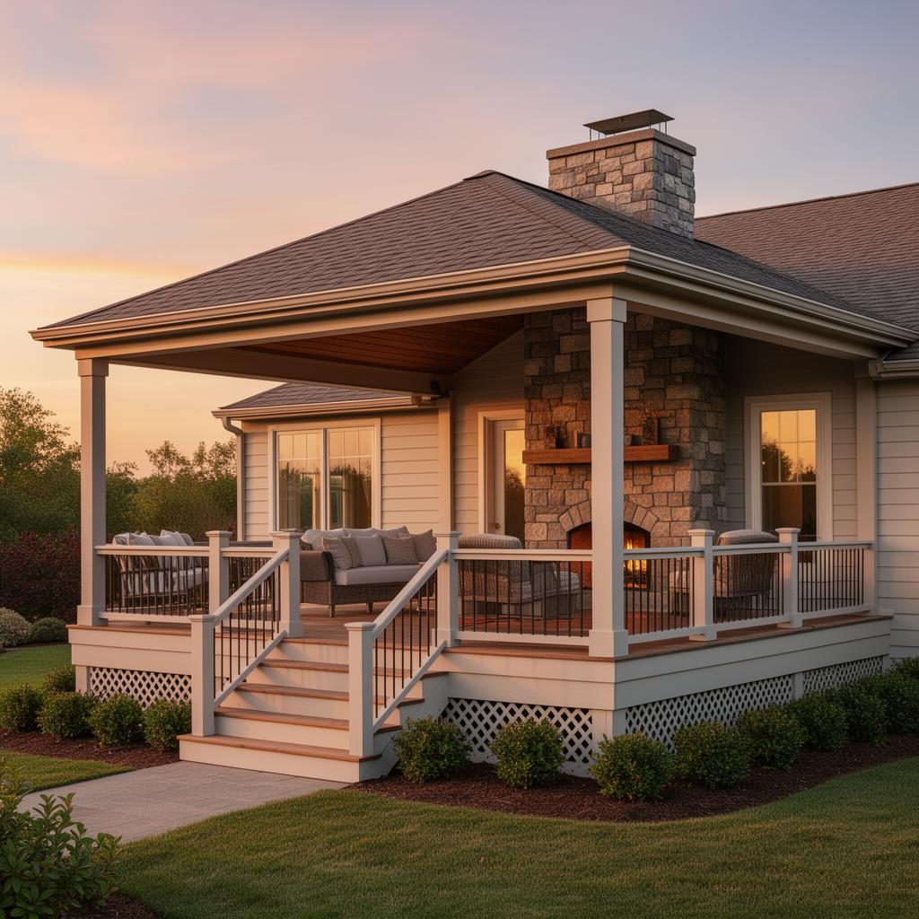 Covered deck with roof tied into the home, stairs, railings and fireplace at sunset