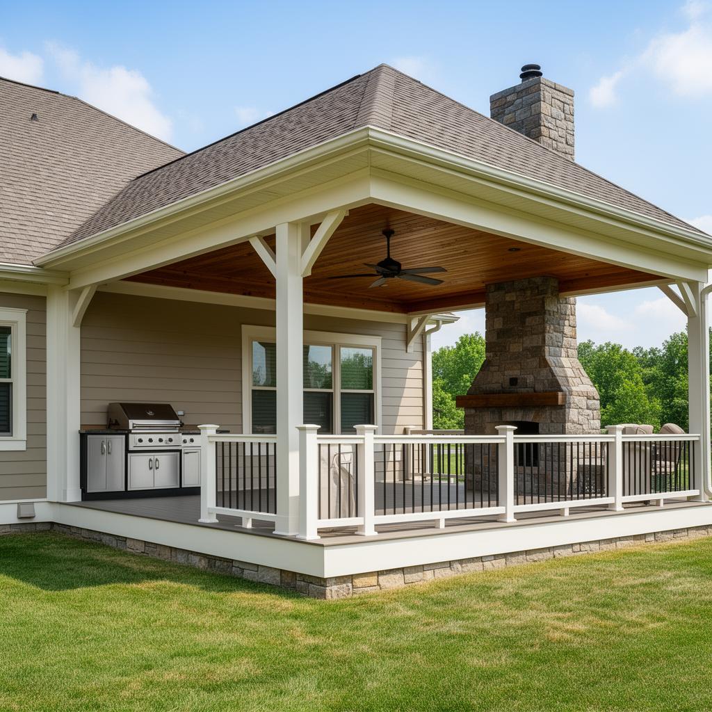 Daytime covered deck with matching roof, outdoor kitchen, fireplace and railing system