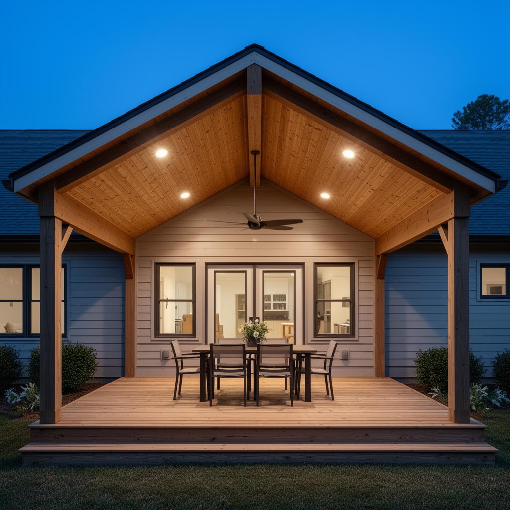 Front-facing covered deck with vaulted wood ceiling and balanced roof-tied design