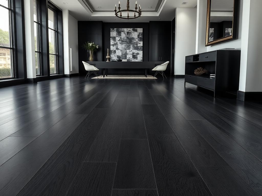 Near-black ebony engineered wood flooring with deep charcoal tones