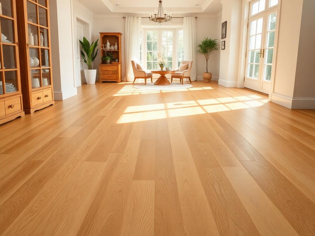 Light honey-toned natural oak hardwood flooring in a sunny interior