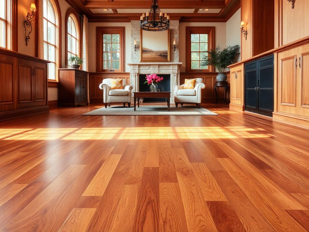 Warm natural hickory hardwood flooring with amber and caramel tones