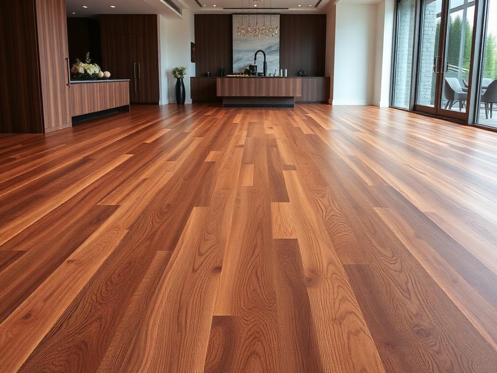 Medium-dark engineered hickory wood flooring with rich brown tones