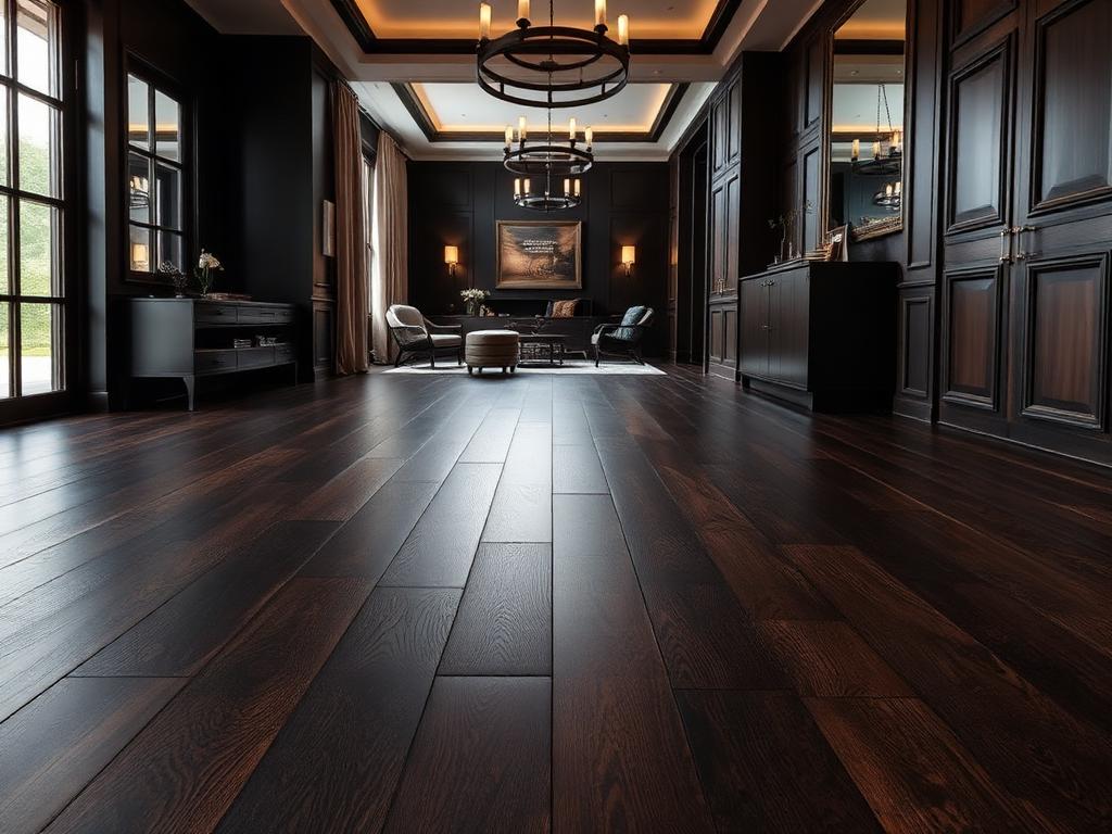 Very dark espresso engineered wood flooring in a moody luxury interior