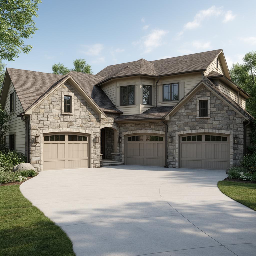 Three-car attached garage integrated into a luxury home with wide driveway