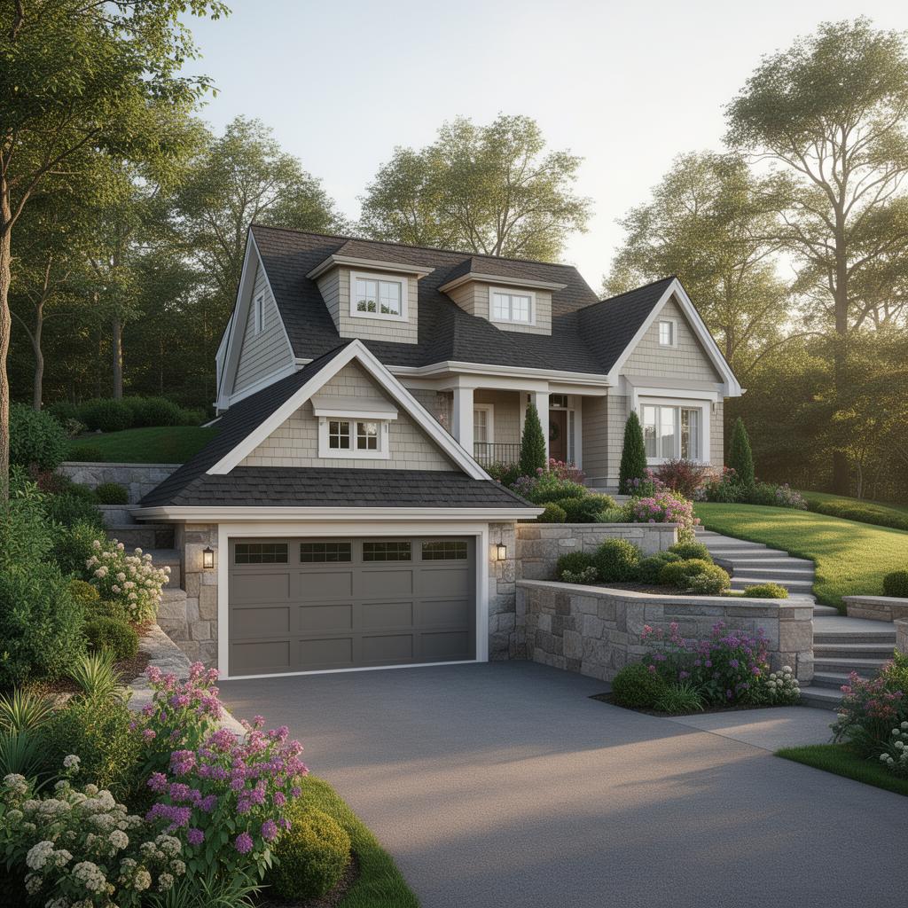 Detached garage on a sloped property with retaining walls and realistic grading