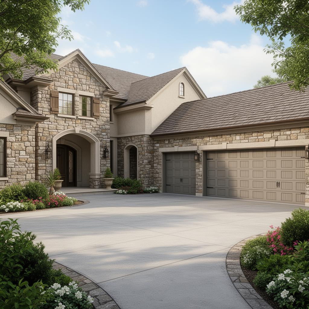 Stone-accented garage courtyard with multiple garage bays and elegant drive