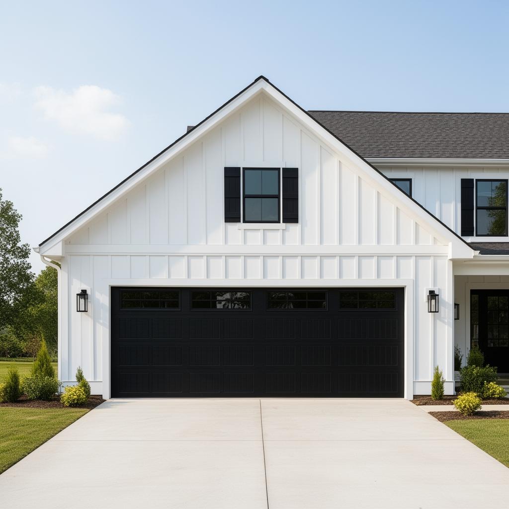 Modern farmhouse attached garage with white siding and black garage doors