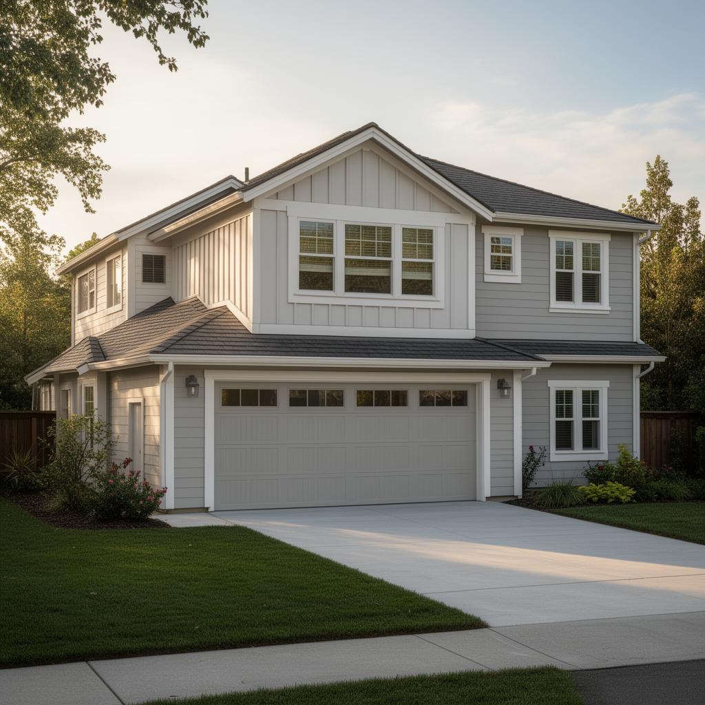 Garage with bonus room above on a suburban lot with concrete apron