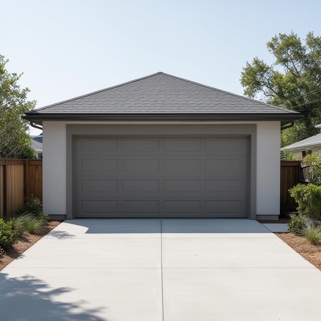 Clean modern detached garage with simple contemporary lines and driveway