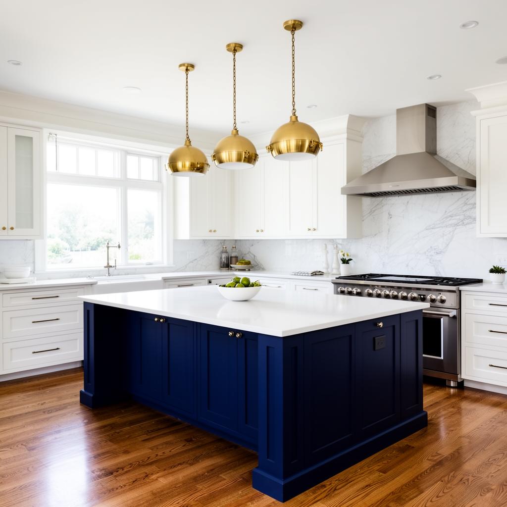 Contemporary kitchen with navy island, white cabinets and brass pendants