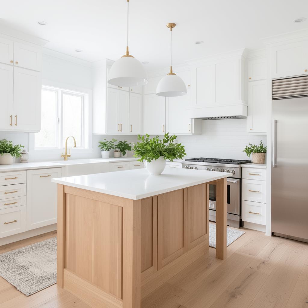 Bright modern farmhouse kitchen with white shaker cabinets and light oak island