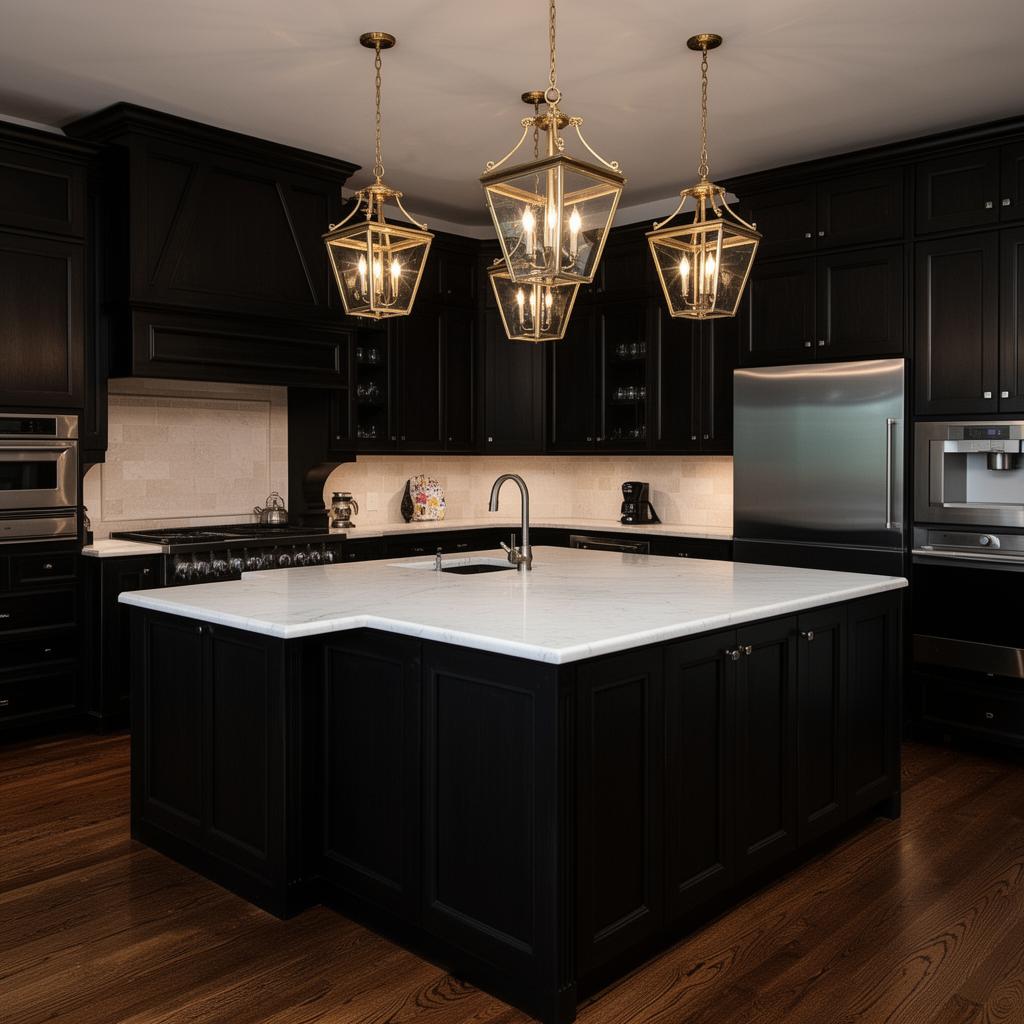 Dramatic dark espresso kitchen cabinets with marble island and brass lantern lights